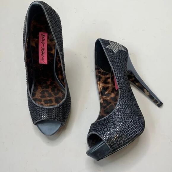 Betsey Johnson Glitzee Shiny Blue Silver Heels Stilettos Star Shoes S-094 Sz 6.5 - Picture 1 of 9